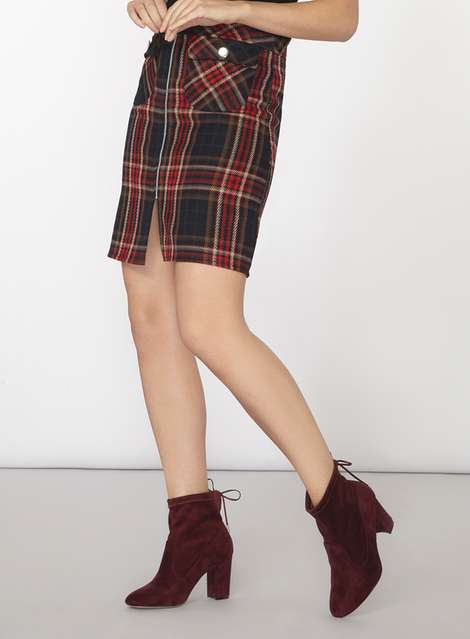 Green And Red Buttoned Check A-line Skirt